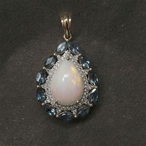 9K Gold Pendant with Ethiopian Opal, London Blue Topaz, and White Zircon - Complete Gem Weight 5.75cts