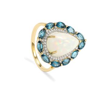 9K Gold Ring That includes 6cts of Ethiopian Opal, London Blue Topaz, and White Zircon