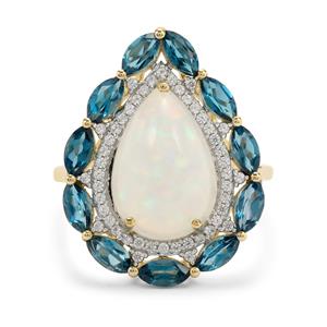 9K Gold Ring That includes 6cts of Ethiopian Opal, London Blue Topaz, and White Zircon