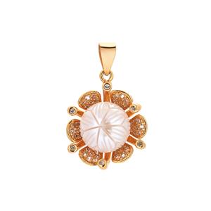 Gold Tone Sterling Silver Pendant that includes 10mm Freshwater Cultured Carved Pearl and White Zircon