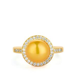 Gold-Tone Sterling Silver Ring with Golden Cultured Pearl and White Zircon (9.50mm)