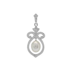 Sterling Silver Pendant with 9mm South Sea Cultured Pearl and White Zircon