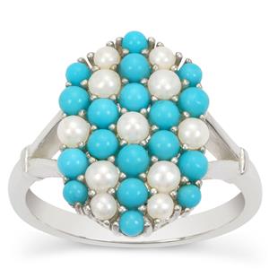 Sterling Silver Ring with Indonesian Seed Pearls and Sleeping Magnificence Turquoise (2 to 2.50 MM)