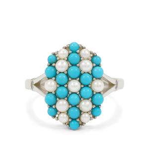 Sterling Silver Ring with Indonesian Seed Pearls and Sleeping Magnificence Turquoise (2 to 2.50 MM)